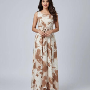 Woman wearing a cream and brown floral sleeveless frock dress with a waist tie.