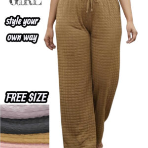 Woman wearing mauve-colored wide-leg ribbed lounge pants with drawstring waist and side pockets.