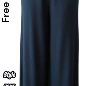 Woman wearing deep navy blue wide-leg palazzo pants with a vertical ribbed texture and adjustable drawstring waist.