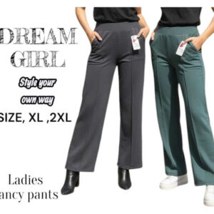 wo women wearing Dream Girl fancy wide-leg trousers in Charcoal and Forest Green with front seam details and pockets.