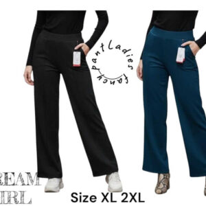 Two women modeling Dream Girl fancy wide-leg trousers in black and teal with professional front seams.