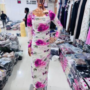 elegant magenta floral ruched long sleeve bodycon midi dress