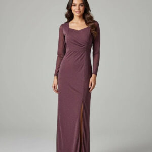 Woman wearing a mauve long-sleeve maxi dress with glitter fabric, a ruched bodice, and a thigh-high side slit.