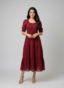 Woman wearing a burgundy tiered midi dress with puff sleeves and button-down bodice.