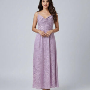 Woman wearing a lavender leopard print frock dress with a cowl neck and spaghetti straps.