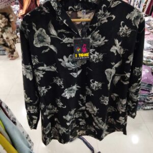 Men's or Unisex black button-down shirt with silver and grey floral botanical print.