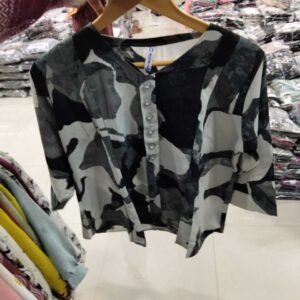 Women's three-quarter sleeve top featuring a grey and black abstract camouflage print with a buttoned V-neckline.