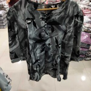 Women's slate gray and black abstract floral print blouse with puff sleeves and button detail.