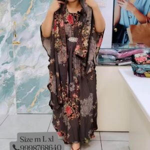 Woman wearing a charcoal-brown kaftan with red rose floral print, jeweled waist detail, and matching hijab.